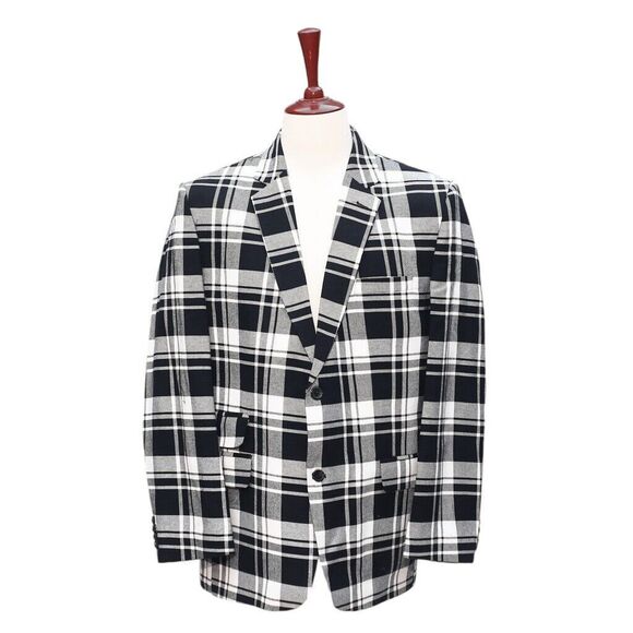 Mens Blazer Plaid Black White Cotton Formal Party Jacket Wedding Sport Coat 46R